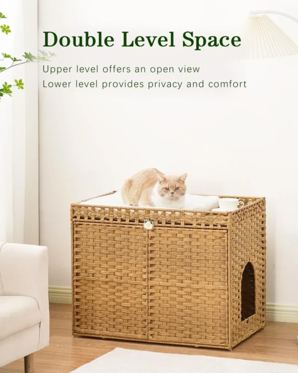 Handwoven Cat Litter Box Enclosure – Rattan Furniture with Mat & Hooks - Image 2