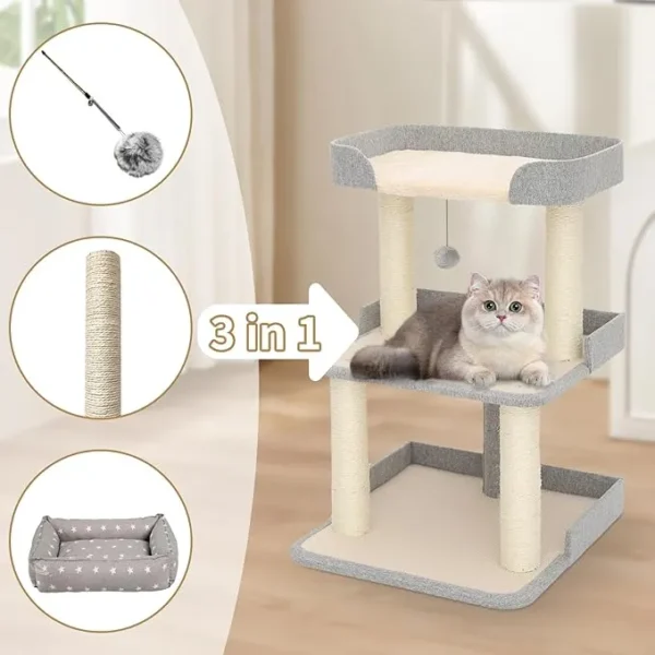 27.56in Cat Scratching Post & Bed – Multi-Level Sisal Tree for Cats (Grey) - Image 4