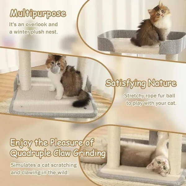 27.56in Cat Scratching Post & Bed – Multi-Level Sisal Tree for Cats (Grey) - Image 5