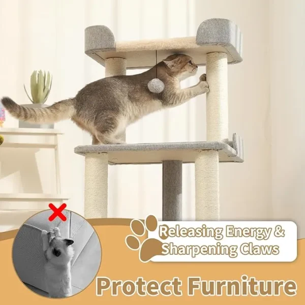 27.56in Cat Scratching Post & Bed – Multi-Level Sisal Tree for Cats (Grey) - Image 3