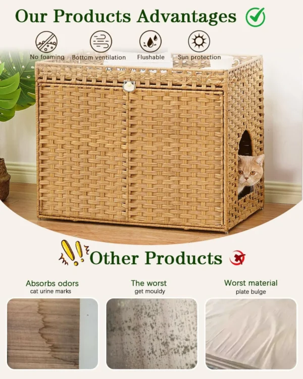 Handwoven Cat Litter Box Enclosure – Rattan Furniture with Mat & Hooks - Image 3