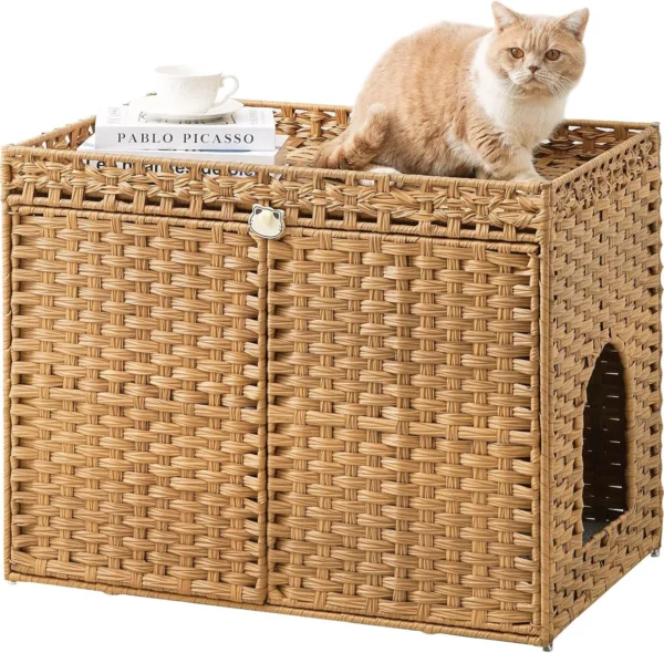 Handwoven Cat Litter Box Enclosure – Rattan Furniture with Mat & Hooks